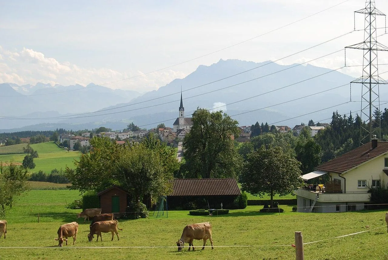 Asylsuchender Balkonsprung – Luftaufnahme der Gemeinde Rain im Kanton Luzern