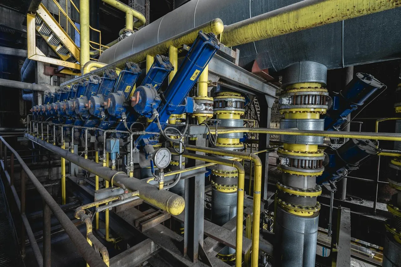 Entlassungen Komax Dierikon – Detailansicht einer industriellen Maschinenanlage mit blauen und gelben Rohrleitungen und komplexer Technik