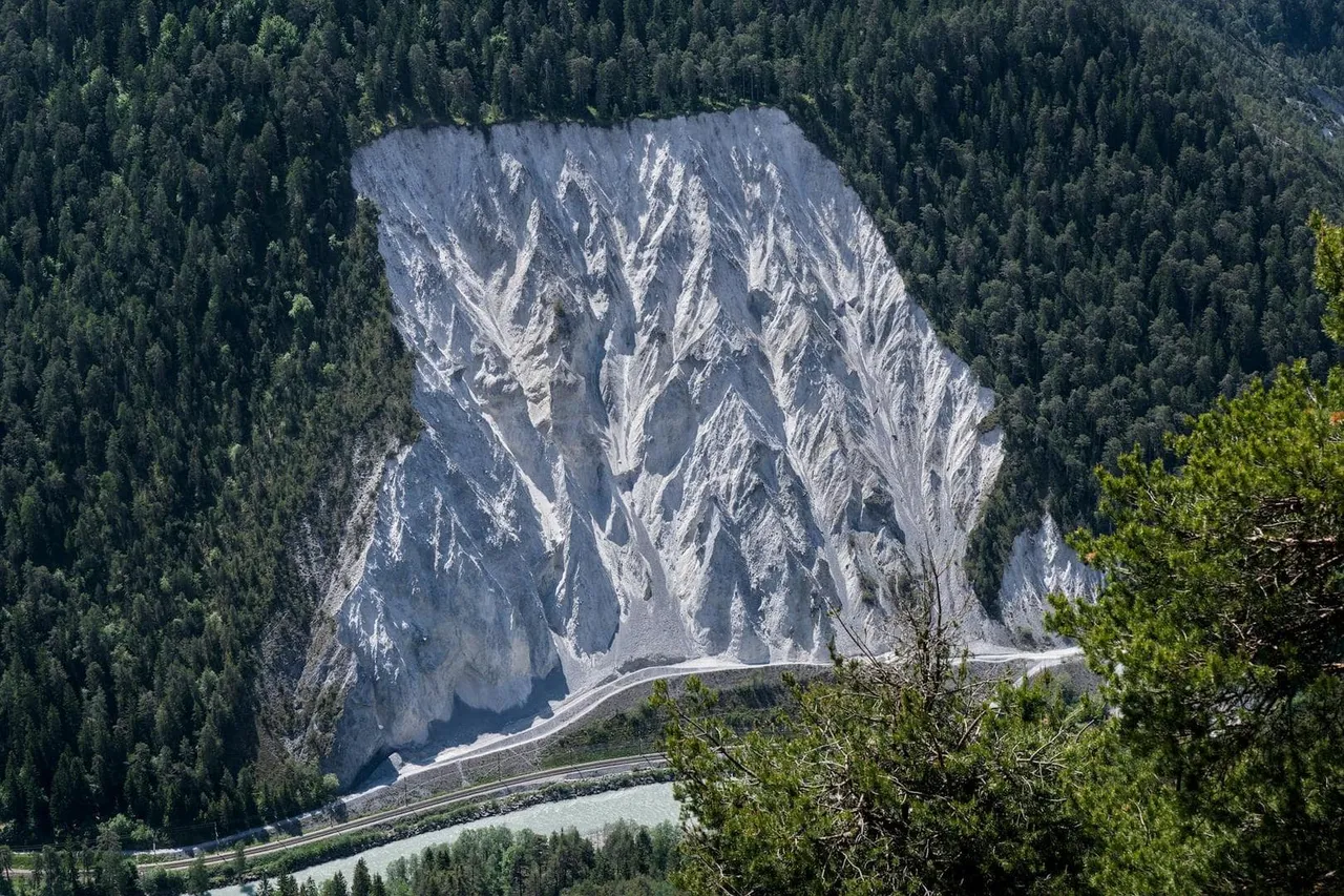 Dramatischer Hangrutsch an einem bewaldeten Berghang mit sichtbaren Erdrutsch-Spuren