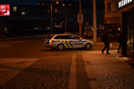 Polizeiauto bei nächtlichem Einsatz in einer Stadtstrasse